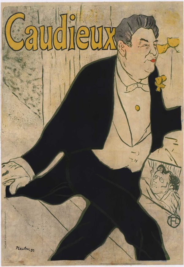 Striking 1893 authentic vintage poster by Henri Toulouse-Lautrec depicting Caudieux exiting stage right, featuring dynamic movement and yellow-toned figure against neutral background, original lithograph