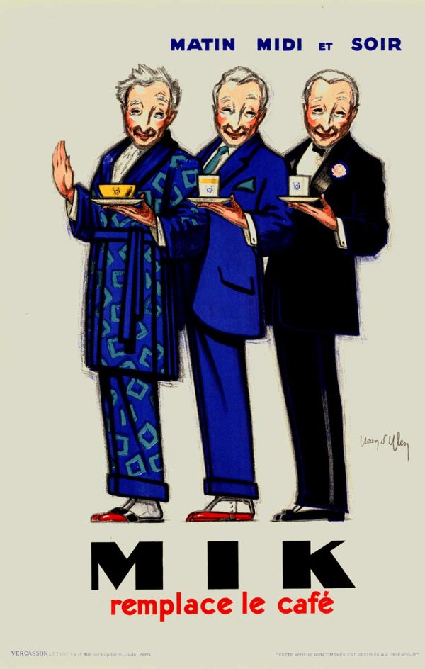 original c. 1930 Jean d'Ylen poster MIK for morning, noon, and night coffee cream. Shows the man dressed for all three times fo the day. Linen backed authentic poster by a notable French artist.