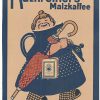 Original 1910 Kathreiner's Malzkaffee German stone lithograph poster featuring iconic woman emerging from coffee pot holding umbrella and product box, linen-backed, excellent condition.