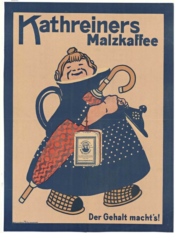 Original 1910 Kathreiner's Malzkaffee German stone lithograph poster featuring iconic woman emerging from coffee pot holding umbrella and product box, linen-backed, excellent condition.