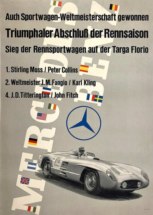 Modernist German racing poster featuring a detailed silver Mercedes-Benz W196 race car in three-quarter profile with driver visible. Scattered international flags (German, British, Italian, Belgian, Swedish, American, French) frame the composition. Large blue three-pointed star logo. Bold sans-serif typography announcing double victory: Sports Car World Championship and Targa Florio triumph. Neutral beige background. Offset-lithograph, 1955.