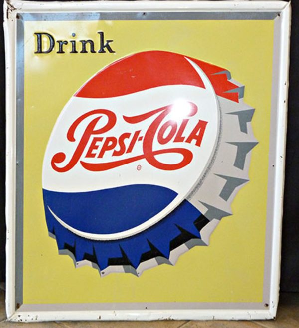 Authentic 1960s Pepsi-Cola metal enamel sign M-203 by Stout Sign Company, 26.5 by 30 inches, original mounting holes, good condition