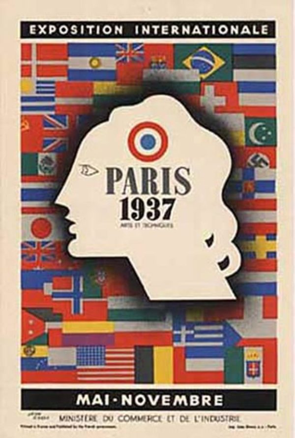 Vintage 1937 Jean Carlu Paris Exposition Internationale lithograph poster with Marianne silhouette, international flags, original linen-backed French exhibition