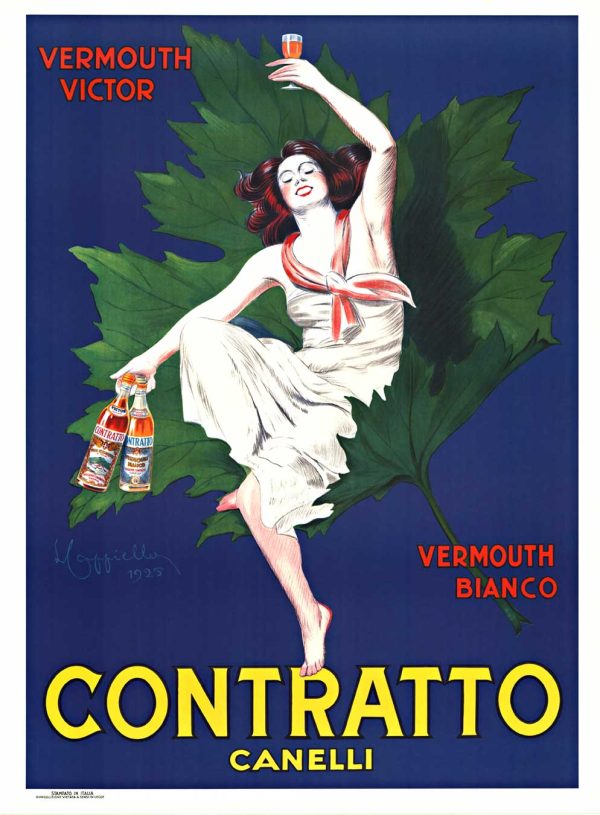Cappiello Original Contratto Canelli Vermouth vintage Italian liquor poster, c 1950 later lithograph, featuring a woman resting on a large green maple leaf holding Vermouth Victor and Vermouth Bianco bottles in classic vermouth advertising style, linen backed and ready to frame.