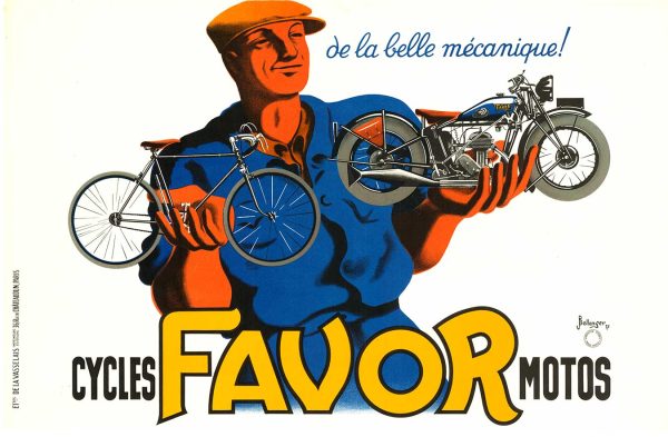 Original 1937 French Art Deco lithograph poster by Jacques and Pierre Bellenger for Cycles Favor Motos, small format 23.5" x 15". Features mechanic with bicycle and motorcycle, professionally linen-backed, excellent condition.