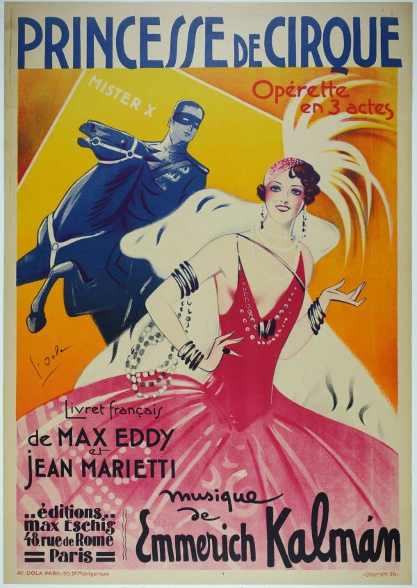 Original 1936 Georges Dola art deco poster for Princesse de Cirque operetta, featuring masked figure and elegantly costumed woman in soft pastels—theatrical mystery and circus romance.