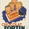 1934 Paul Igert Chocolat Fortin French lithograph poster, linen-backed, featuring four children gazing at a large chocolate bar against navy blue background, Art Deco confectionery advertising.