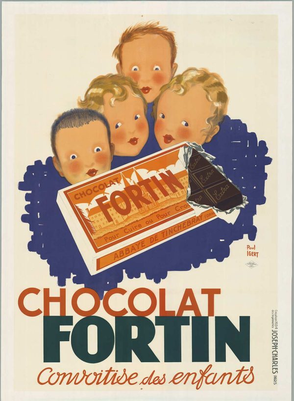 1934 Paul Igert Chocolat Fortin French lithograph poster, linen-backed, featuring four children gazing at a large chocolate bar against navy blue background, Art Deco confectionery advertising.