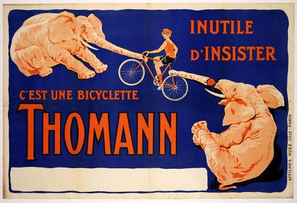 Original 1925 Thomann Bicycle vintage poster featuring two elephants in tug-of-war over bicycle, French advertising lithograph, vibrant orange lettering on dark blue background, linen-backed, "Inutile D'Insister" inscription, Art Nouveau style, horizontal format, ready to frame.