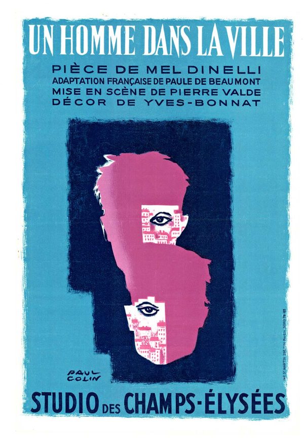 Layered profile silhouettes in magenta and navy against turquoise background with expressive stylized eyes, bold typography reading "Un Homme Dans La Ville" and "Studio des Champs-Élysées" at top and bottom; vintage French modernist theatre lithograph poster, c. 1935