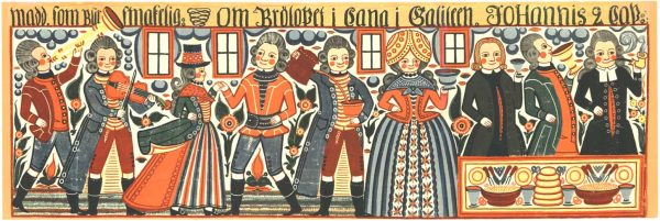 Original 1910 Swedish folk art lithograph – Wedding at Cana in traditional southern Swedish style, linen-backed"