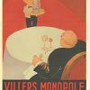 Original 1930 Villers Monopole Belgian mineral water lithograph poster featuring elegant young waiter serving bottle to seated gentleman in formal dining setting, rare linen-backed authentic vintage advertising