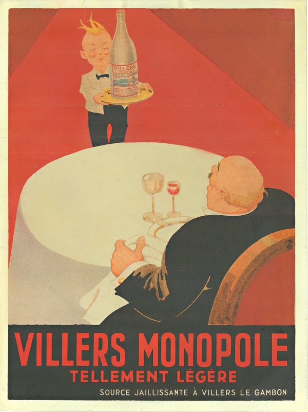 Original 1930 Villers Monopole Belgian mineral water lithograph poster featuring elegant young waiter serving bottle to seated gentleman in formal dining setting, rare linen-backed authentic vintage advertising
