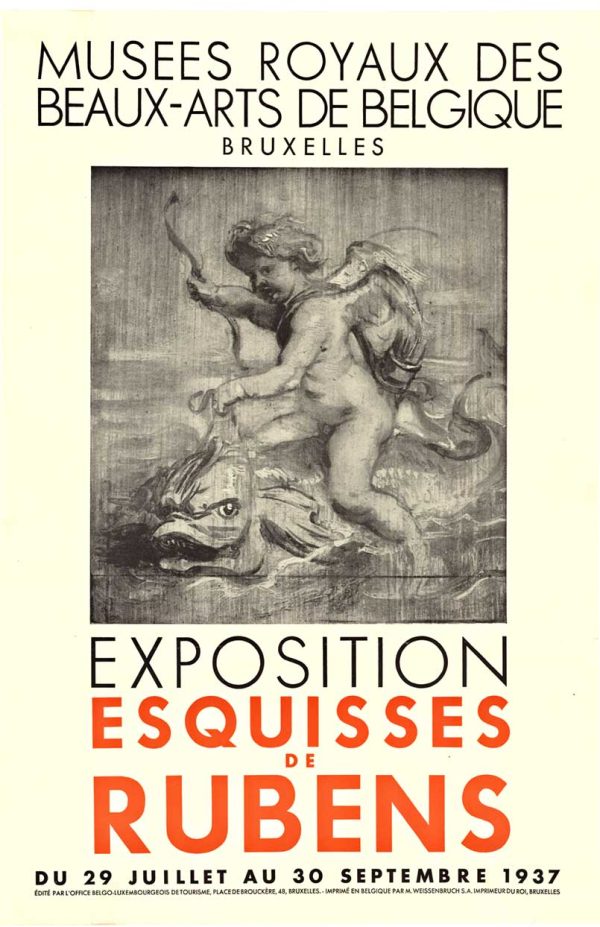 1937 Rubens exhibition poster showing Cupid riding a dolphin with bow and quiver, classical Baroque art imagery with modernist typography
