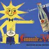 Original 1950s Limonade de Vichy French sparkling mineral water lithograph poster featuring cheerful golden sun character with smiling face seated at bistro table, pointing to bottle, cobalt blue background, large-scale vintage advertising