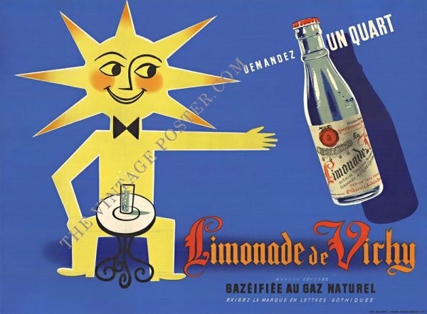 Original 1950s Limonade de Vichy French sparkling mineral water lithograph poster featuring cheerful golden sun character with smiling face seated at bistro table, pointing to bottle, cobalt blue background, large-scale vintage advertising