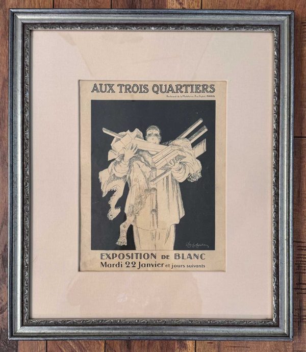 Framed Aux Troix Quartiers, c.1910 black and white, Exposition de Blanc, Leonetto Cappiello poster. A mime holding books and rolled posters.