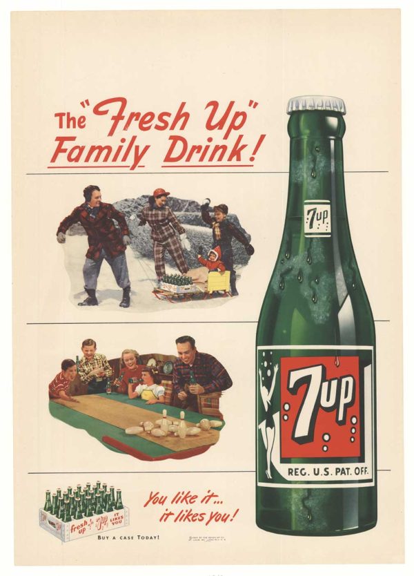 Original 1949 7UP vintage poster featuring "Fresh UP" family drink advertising, authentic offset-lithograph, linen-backed conservation mounted