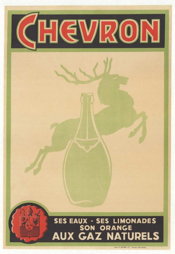 Original 1950 Chevron mineral water vintage poster featuring stag deer logo, professional lithograph, linen-backed conservation mounted