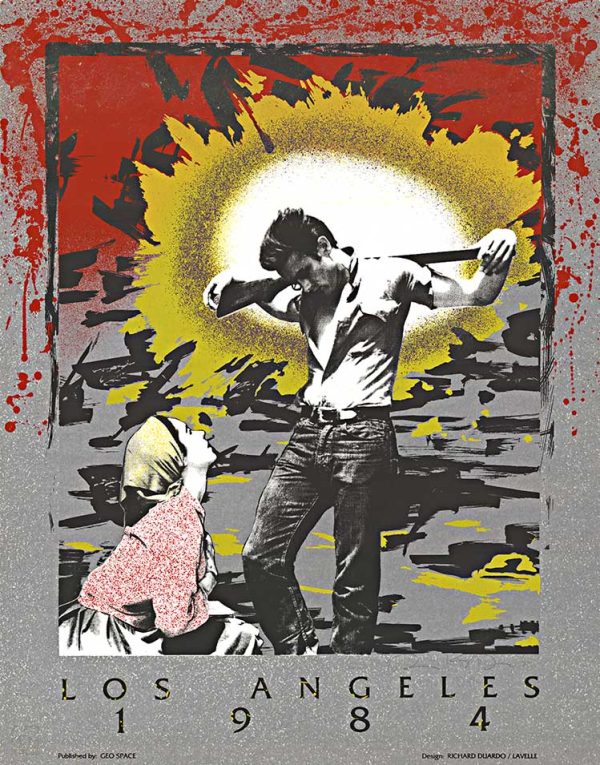 Original 1984 hand-signed serigraph by Richard Saul Duardo depicting James Dean holding rifle with peasant woman figure, titled James Dean LA or Nuclear Christ