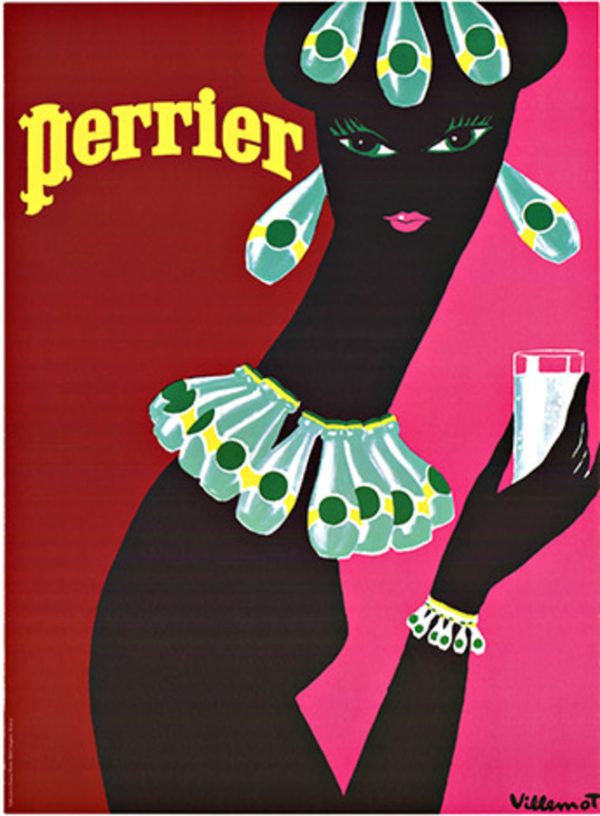 Original 1977 Perrier mineral water poster by Bernard Villemot featuring black silhouette woman with Perrier bottle earrings, necklace and headband, pink and red background.