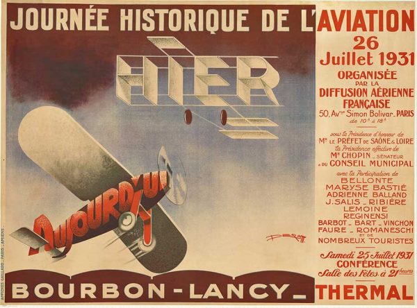 Original 1931 French stone lithograph poster by Derat celebrating aviation history; Art Deco design featuring contrasting biplanes labeled "Hier" (yesterday) and "Aujourd'hui" (today) in red and cream tones against deep burgundy background; linen-backed, horizontal format, 46 x 61 inches.