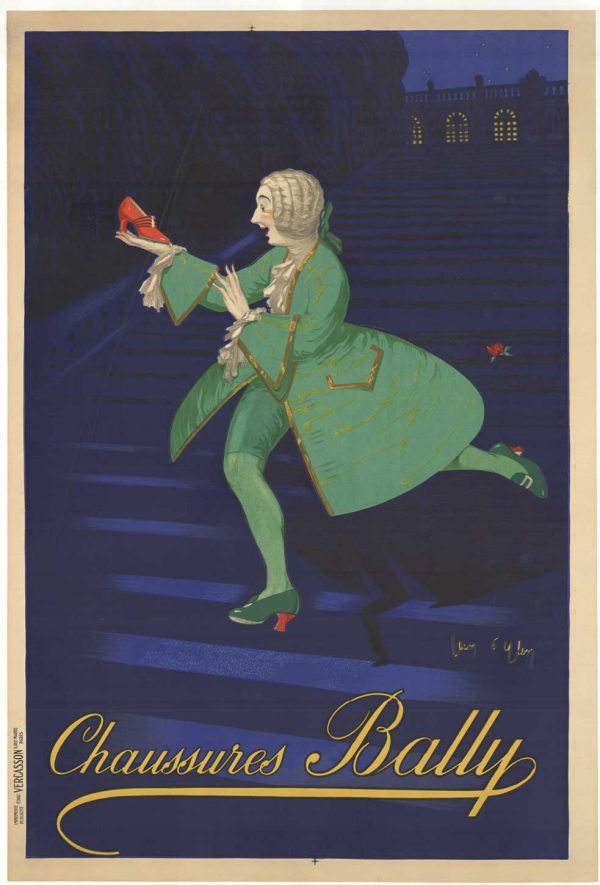 Authentic original 1930s Chaussures Bally lithograph by Jean d'Ylen featuring prince with ruby slipper and Cinderella narrative stone-lithography