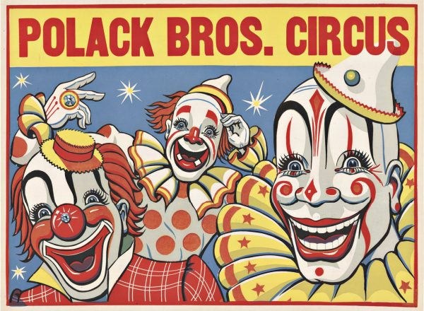 Vintage Polack Bros. Circus original lithograph poster featuring three red-nosed clowns with exaggerated expressions and elaborate costumes; 20 x 28 inches; linen-backed