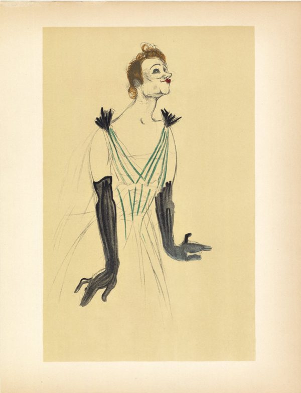 Toulouse-Lautrec original vintage poster depicting Yvette Guilbert in profile, titled "The Kiss," 1950 lithographic book plate XXXII