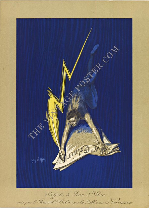Authentic original 1920s Journal l'Éclair lithograph by Jean d'Ylen featuring falling man with lightning pen and cobalt blue stone-lithography