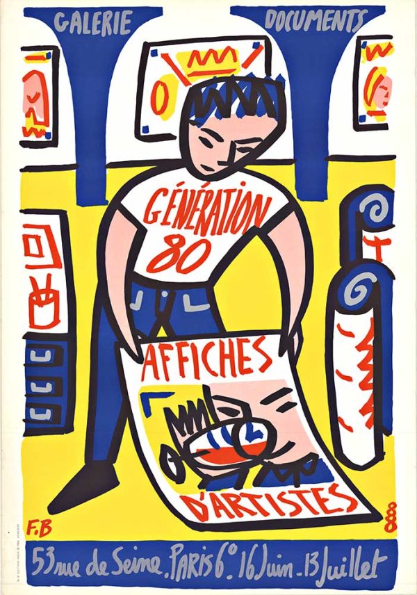 1980 Génération 80 Gallery Documents poster by François Boisrond featuring bold graphic figures in yellow, blue, red, and black, original serigraph on fine watercolor paper
