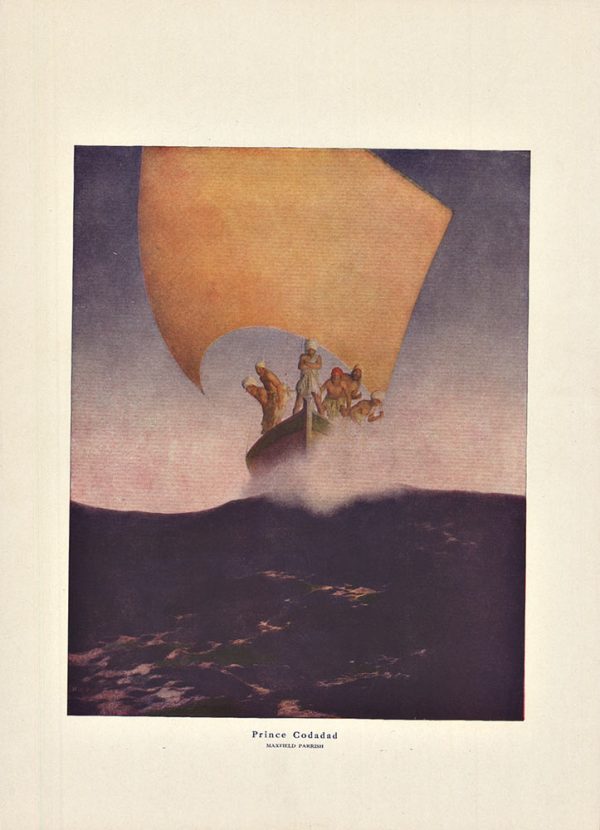Maxfield Parrish original 1914 Prince Codadad illustration print; desert fantasy composition with golden robed figure suspended in luminous orange sky above dark landscape, exotic Arabian Nights imagery, characteristic Parrish tempera painting technique with ethereal light effects, rich color palette.