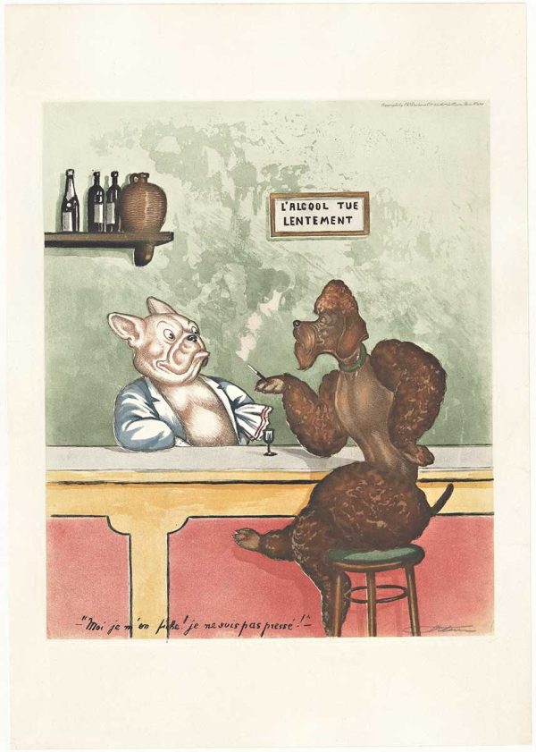 Boris O'Klein original c. 1938 L'Alcool Tue Lentement hand-signed lithograph poster; figure at bar with wine bottles, pink and brown palette, French cabaret satire, linen-backed archival mounting, fine condition, ready to frame.