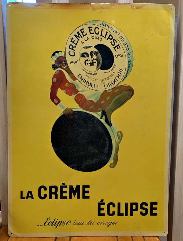 uthentic original 1937 La Crème Eclipse poster by Leonetto Cappiello featuring acrobat and metal tin sign lithograph for shoe cream polish