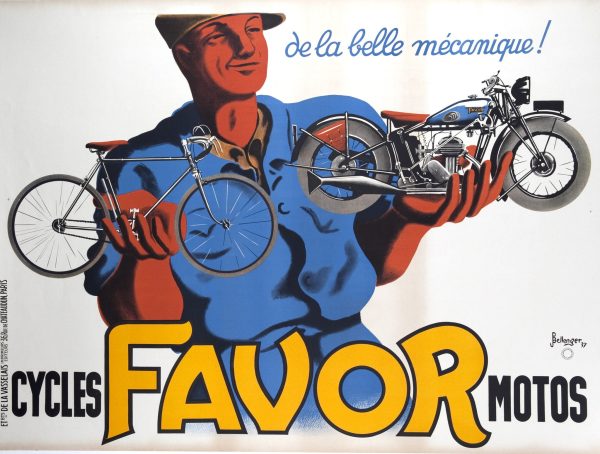 Original 1937 French lithograph poster by Jacques and Pierre Bellenger for Cycles Favor Motos, featuring man holding bicycle and motorcycle. Rare horizontal format, professionally linen-backed, excellent condition, 63" x 47".