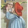 two little girls sharing chocolate through a hole in the fence, turn of the century, art noveau design.