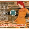 Original 1899 stone lithograph by Eugene Grasset for Georges Richard Cycles & Automobiles, showing enigmatic woman in orange dress against twilight Art Nouveau background; museum-framed with hand-wrapped linen mat and gold filet."