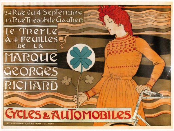 Original 1899 stone lithograph by Eugene Grasset for Georges Richard Cycles & Automobiles, showing enigmatic woman in orange dress against twilight Art Nouveau background; museum-framed with hand-wrapped linen mat and gold filet."