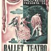 Theatrical figures in dynamic poses rendered in pink and green tones against divided geometric background with exaggerated perspective, bold black typography reading "Ballet Teatro" at bottom; vintage Spanish modernist theatre lithograph poster, 1941.