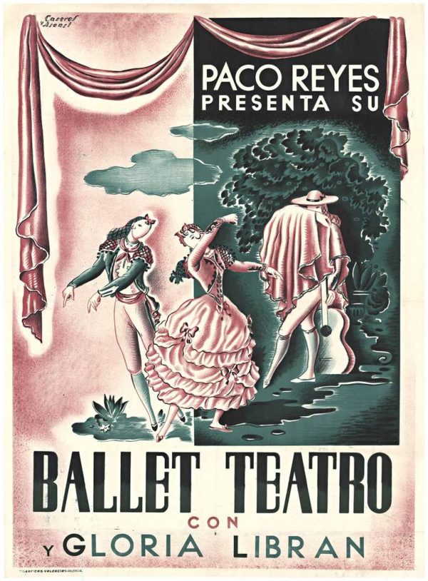 Theatrical figures in dynamic poses rendered in pink and green tones against divided geometric background with exaggerated perspective, bold black typography reading "Ballet Teatro" at bottom; vintage Spanish modernist theatre lithograph poster, 1941.