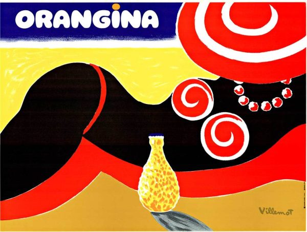 Bernard Villemot 1984 Orangina vintage poster featuring reclining figure with pear-shaped bottle, bold red, white, and black curves against yellow background