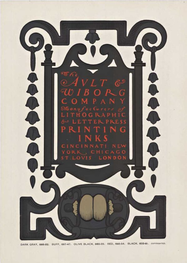 Original c. 1900 William Bradley lithograph for Ault & Wiborg Company featuring ornamental cartouche frame with suspended decorative bells, dark grey, buff, olive black, red, and black palette; linen-backed, archival quality.