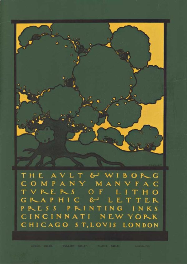 Original 1900 William Bradley lithograph poster for Ault & Wiborg printing inks, geometric botanical design in dark green and gold, Mackintosh-influenced Art Nouveau style, 8.5 by 12 inches, very fine condition.