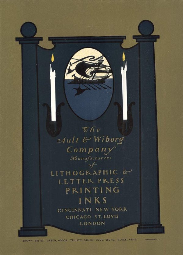 Original 1900 William Bradley lithograph poster for Ault & Wiborg printing inks, maritime sailing ship with burning candles in classical oval composition, 9.75 by 12.25 inches, very fine condition.