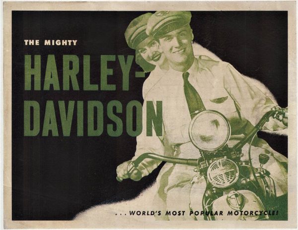 Original 1948 Harley Davidson vintage motorcycle poster featuring pin-up illustration of woman on motorcycle, green and black lithograph, linen-backed, horizontal format, "World's Most Popular Motorcycles" tagline, brochure-cover art, ready to frame.