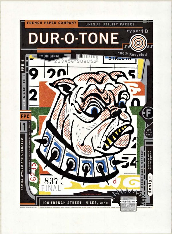 Original 1999 Bulldog Dur-O-Tone lithograph by Charles S. Anderson, 12-color print featuring bulldog with clock faces and mechanical elements, French Paper Company series.