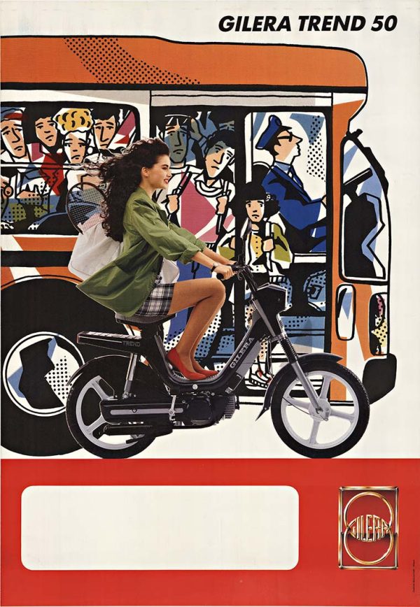 Vintage 1970s Italian Gilera Trend 50 moped pin-up poster with retro pin-up girl illustration, offset lithograph, linen-backed