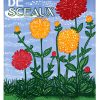 Vintage 1958 French Dahlias botanical poster by Louis Touchagues, linen-backed lithograph featuring vibrant red and yellow dahlias against blue sky and green garden landscape"