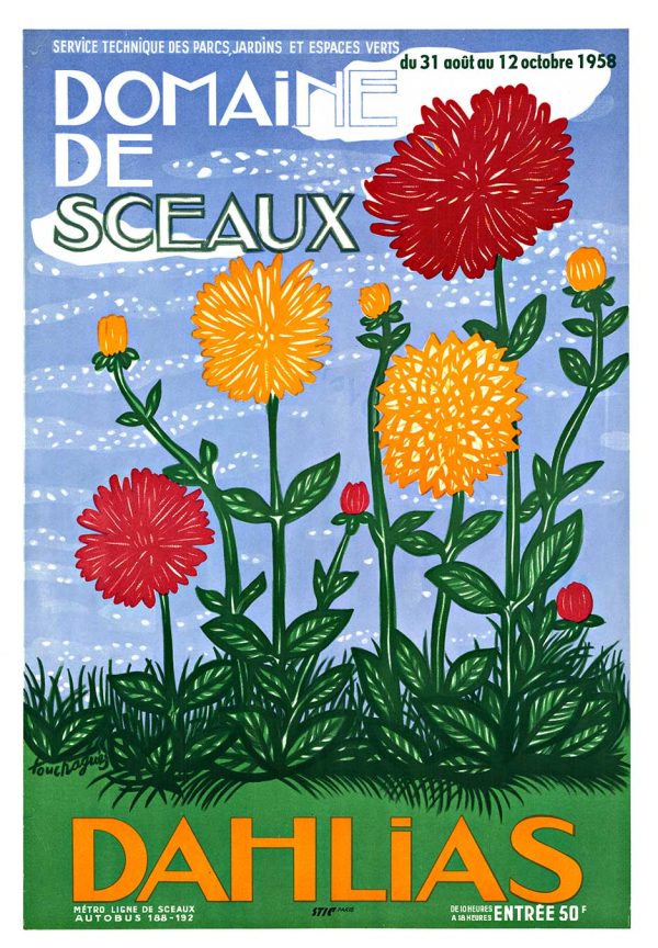 Vintage 1958 French Dahlias botanical poster by Louis Touchagues, linen-backed lithograph featuring vibrant red and yellow dahlias against blue sky and green garden landscape"