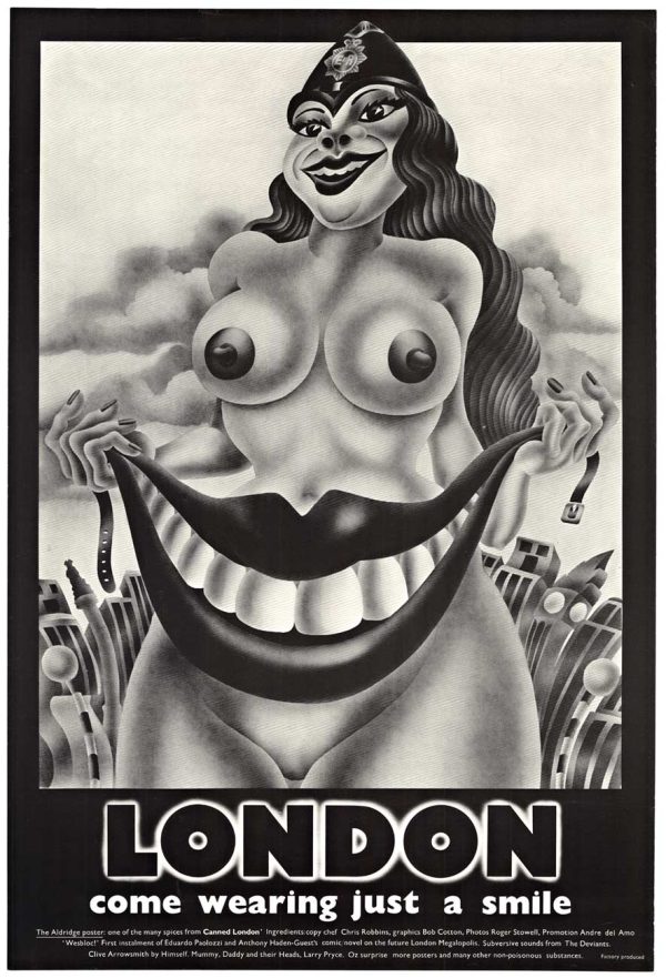 Original 1968 London tourism lithograph poster by Alan Aldridge; black and white pop art design featuring stylized female figure with exaggerated smile and architectural cityscape elements; cheeky, provocative advertising aesthetic; linen-backed, vertical format, 20 x 30 inches, published by Canned London.